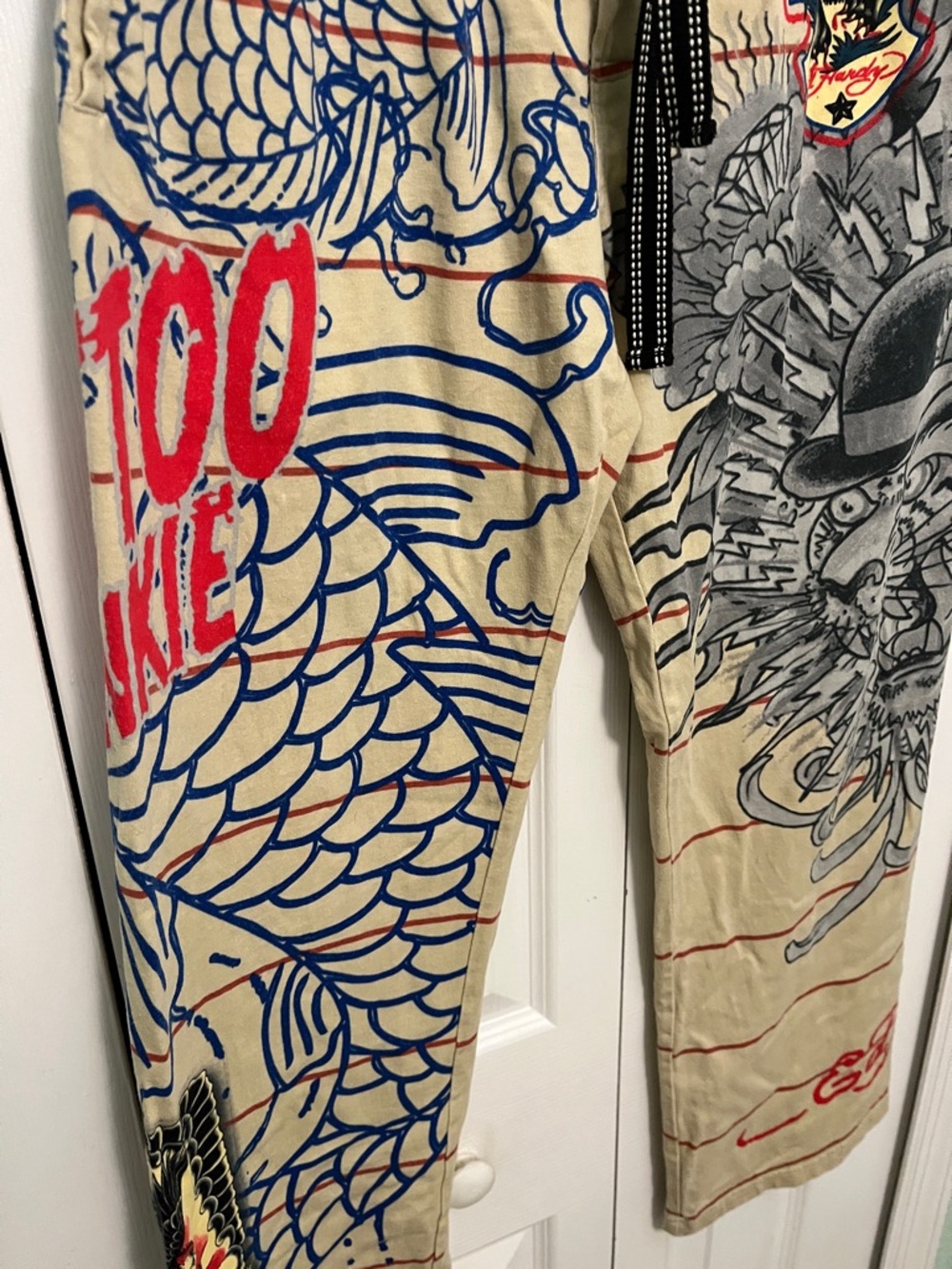 Ed Hardy Tan Sweatpants with Blue Koi & Gray Tiger Graphics medium - Picture 2 of 10